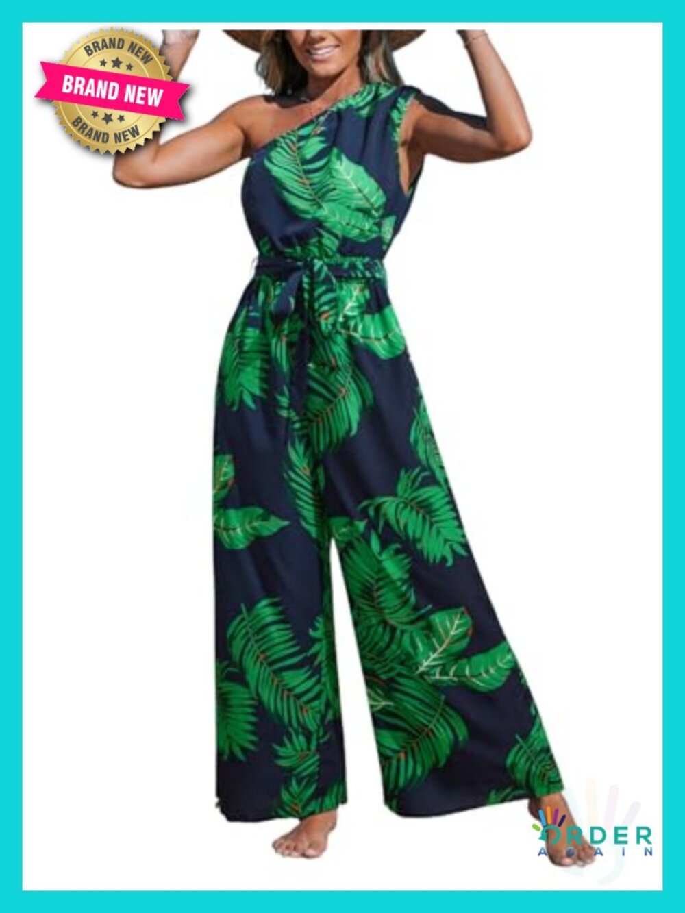 One Shoulder Floral Wide Leg Jumpsuit with Pockets